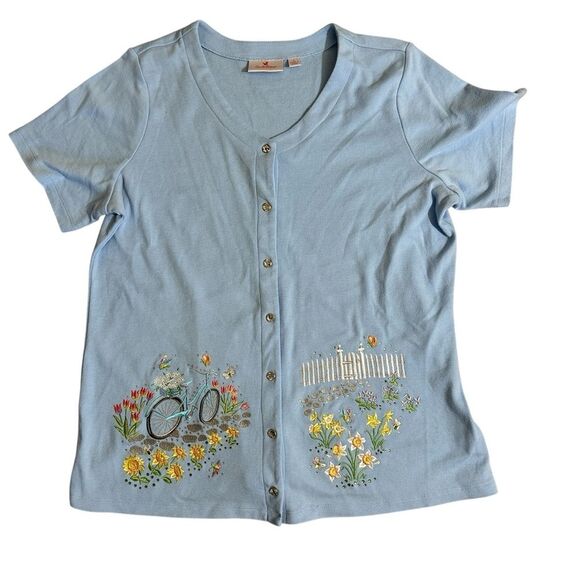 Quacker Factory Springtime Scenes V-Neck  Snap Up Cardigan‎ Light Blue Large - Picture 2 of 12